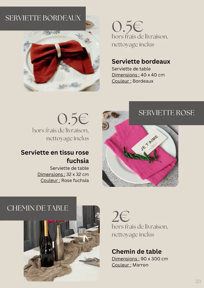 Location serviette, chemin de table